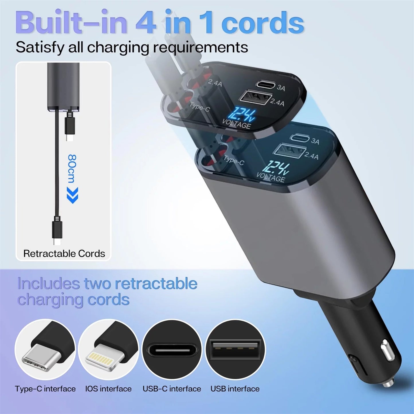 100W 4-in-1 Retractable Car Charger