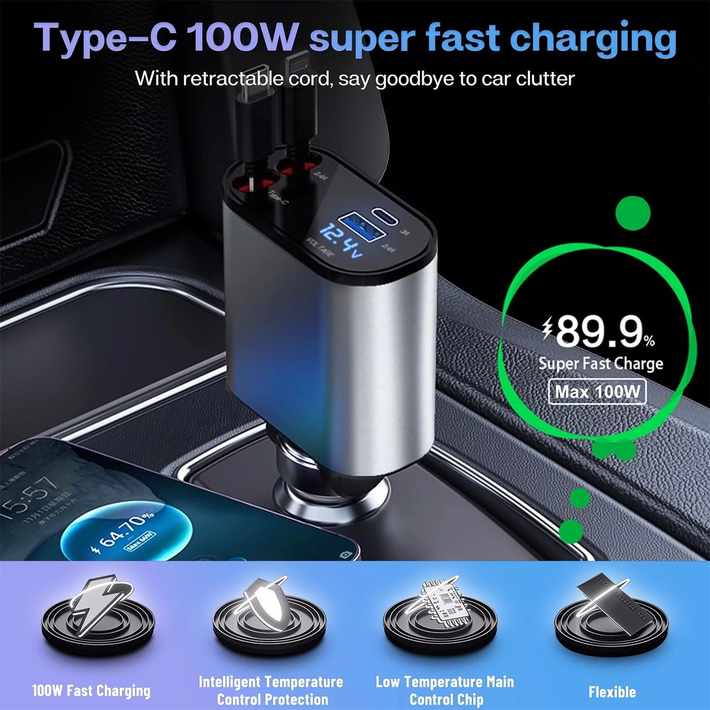 100W 4-in-1 Retractable Car Charger