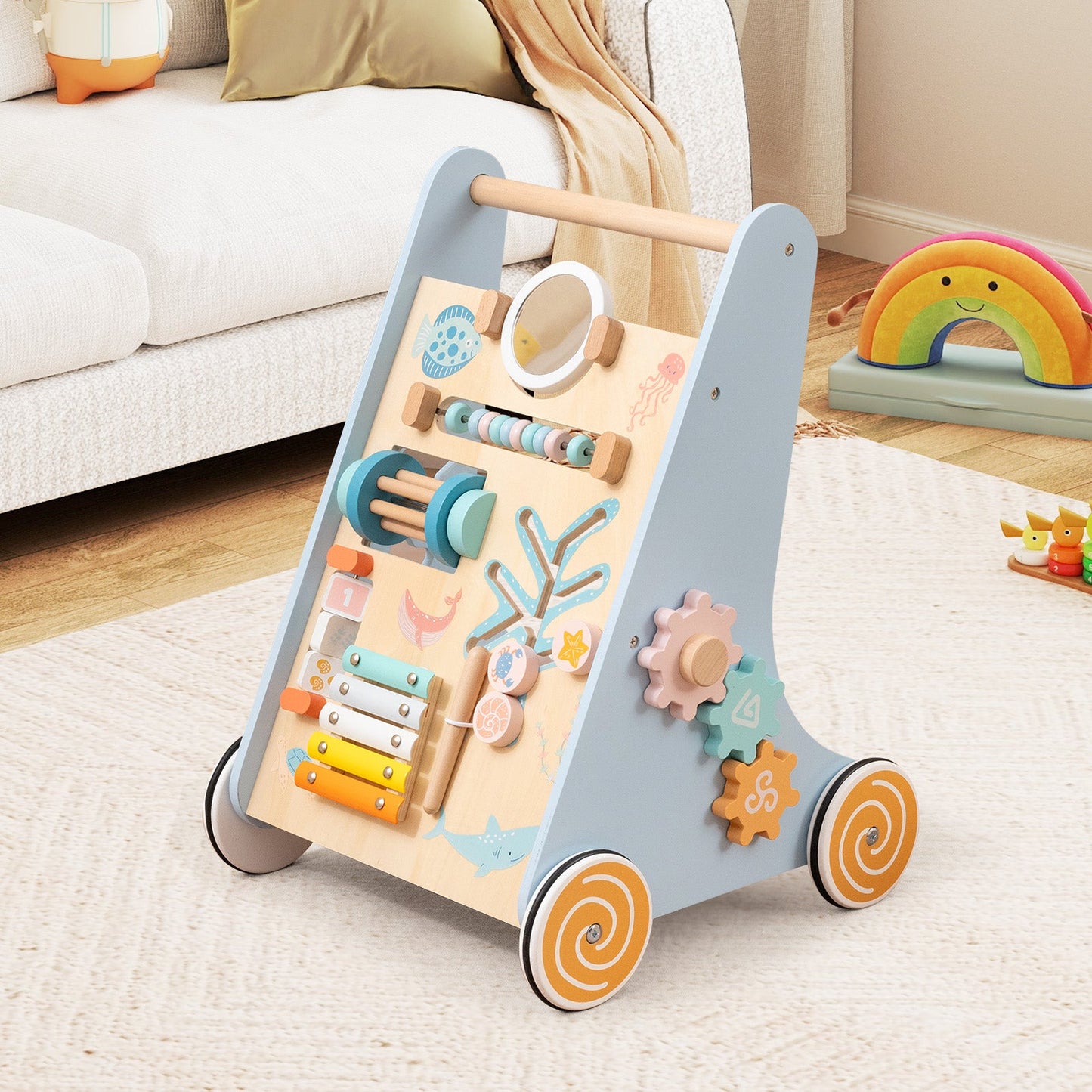8-in-1 Wooden Baby Walker, Push and Pull Learning Activity Center for 1+ Years Old
